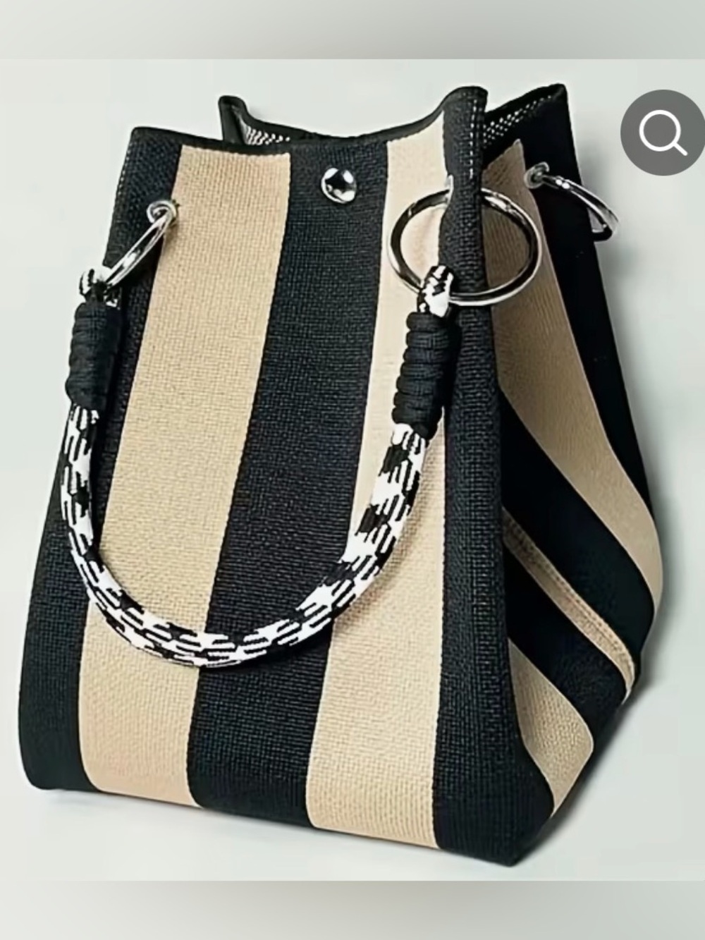 Striped Black and Beige Bucket Tote - Women Bags